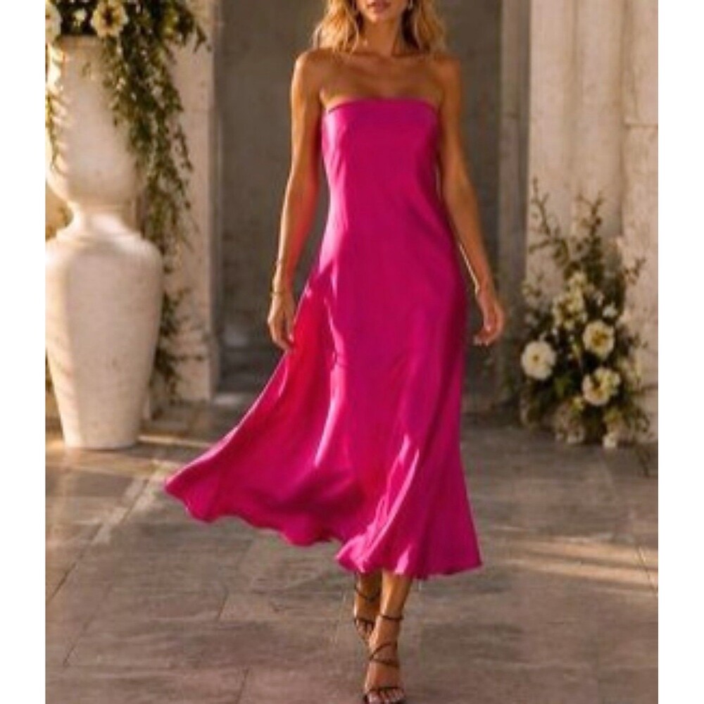 NWT French Connection Satin Midi Dress Size Small Pink Strapless Cowl Back $158 - Picture 1 of 10